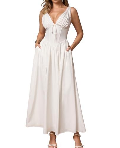 GLNEGE Women's Summer Corset Midi Milkmaid Dress Casual V Neck Flowy A Line Sundress Wedding Guest Dresses with Pockets 2025 White, XL