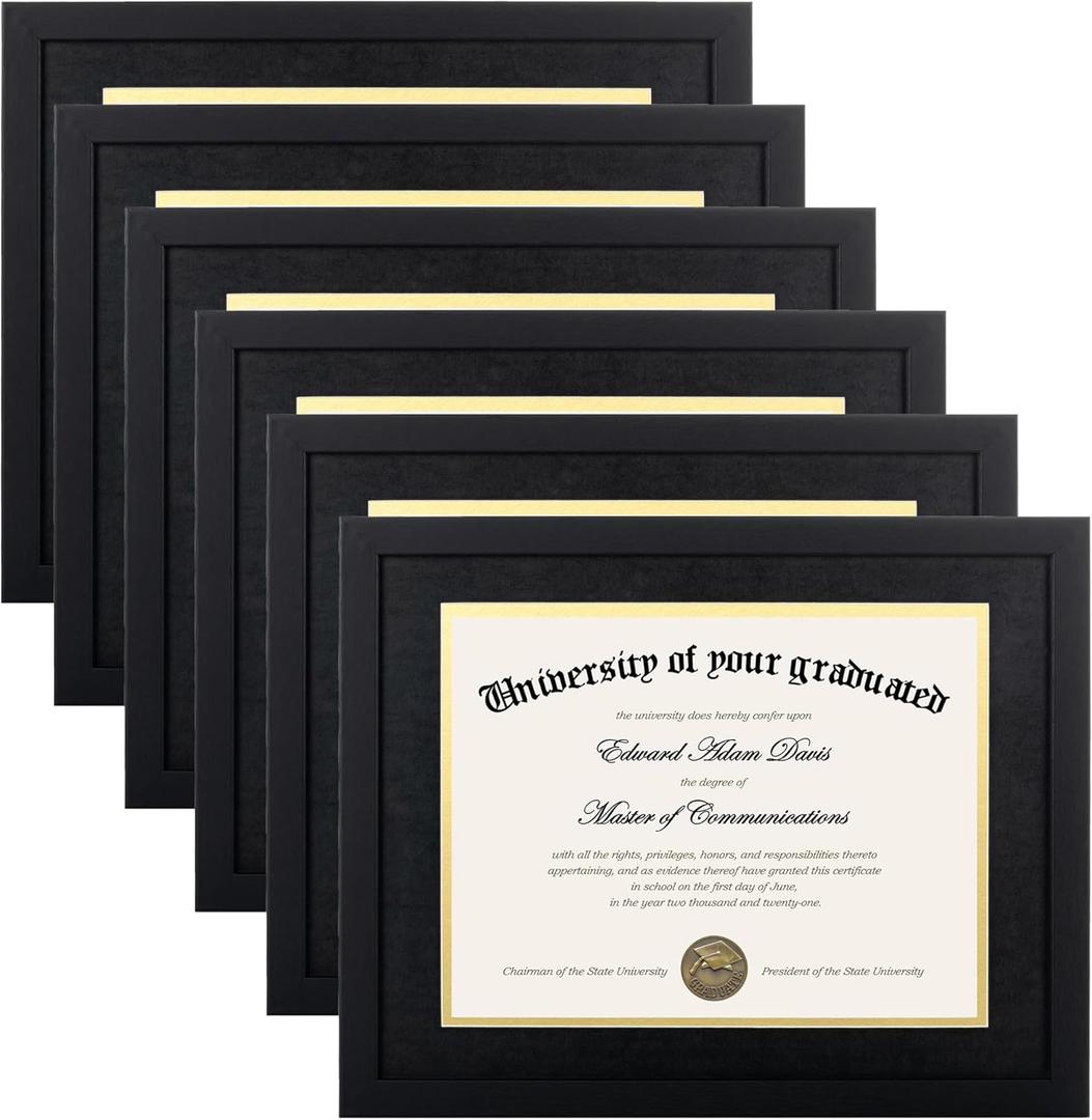 upsimples 11x14 Diploma Frame Certificate Degree Document Frame with High Definition Glass, 8.5 x 11 with mat for Wall and Tabletop, Black Double Mat, 6 Pack