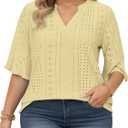 VISLILY Plus-Size-Tops-for-Women Dressy V Neck 3/4 Length Ruffle Sleeve T Shirts Trendy Eyelet Blouses Casual Loose Fit Tunic 4XL Yellow