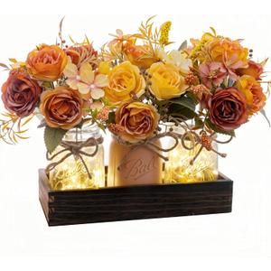 3PCS Artificial Fall Flowers in Mason Jars with Rustic Wood Tray Orange & Yellow Faux Floral Centerpiece Table Decorations, Farmhouse Autumn Decor for Kitchen, Coffee Table, Tiered Tray, Mantel, 
