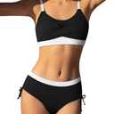 Gaupafmb Girls Swimsuit (Size Up) 2PCS Color Block Shoulder Straps Top with Elastic Ruching Swim Bikini Suits for Girls 9-10 Years Old