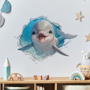 3D Cartoon Baby Dolphin Broken Wall Wall Stickers Nursery Sea Animal Wall Decals for Kid Removable Peel and Stick Wall Art Home Decor Decoration for Preschool Living Room Bedroom Bathroom