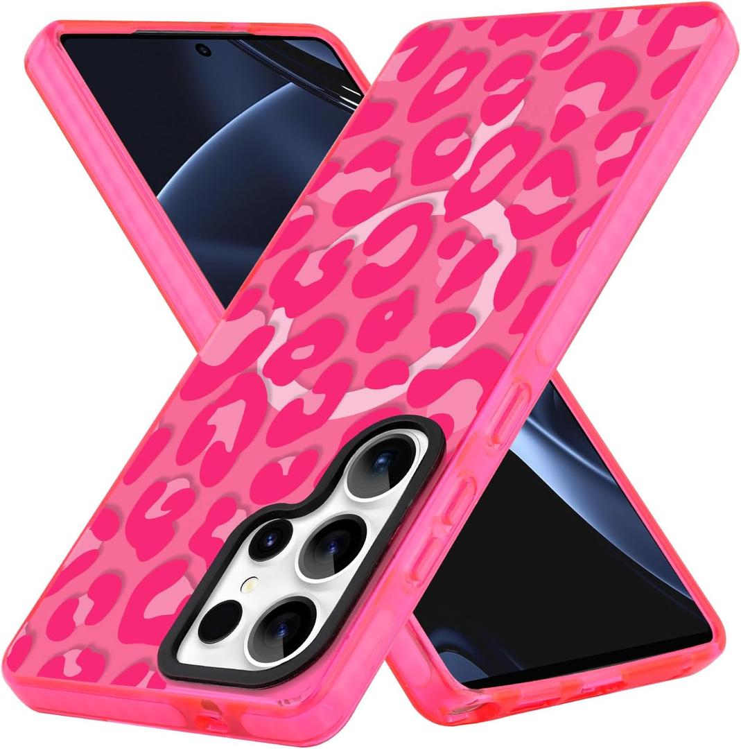ZIYE Clear Magnetic Case for Samsung Galaxy S25 Ultra Case, Hot Pink Leopard Design [Compatible with MagSafe] Soft TPU Bumper Shockproof Protective for Women Girls Phone Cover