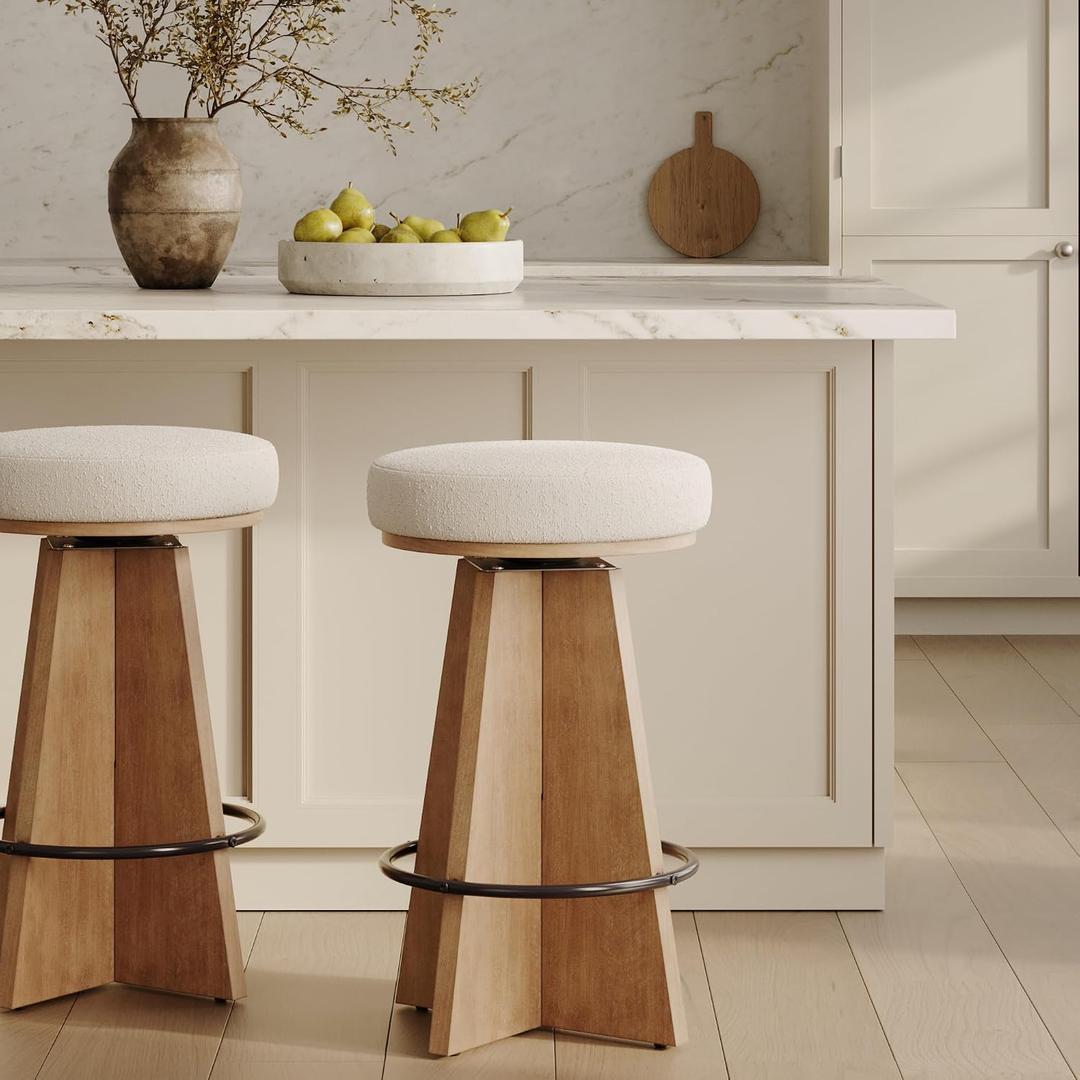 Nathan James Preston Modern Swivel Solid Wood Counter Stool with Boucle Upholstered Seat, Counter Height - 1