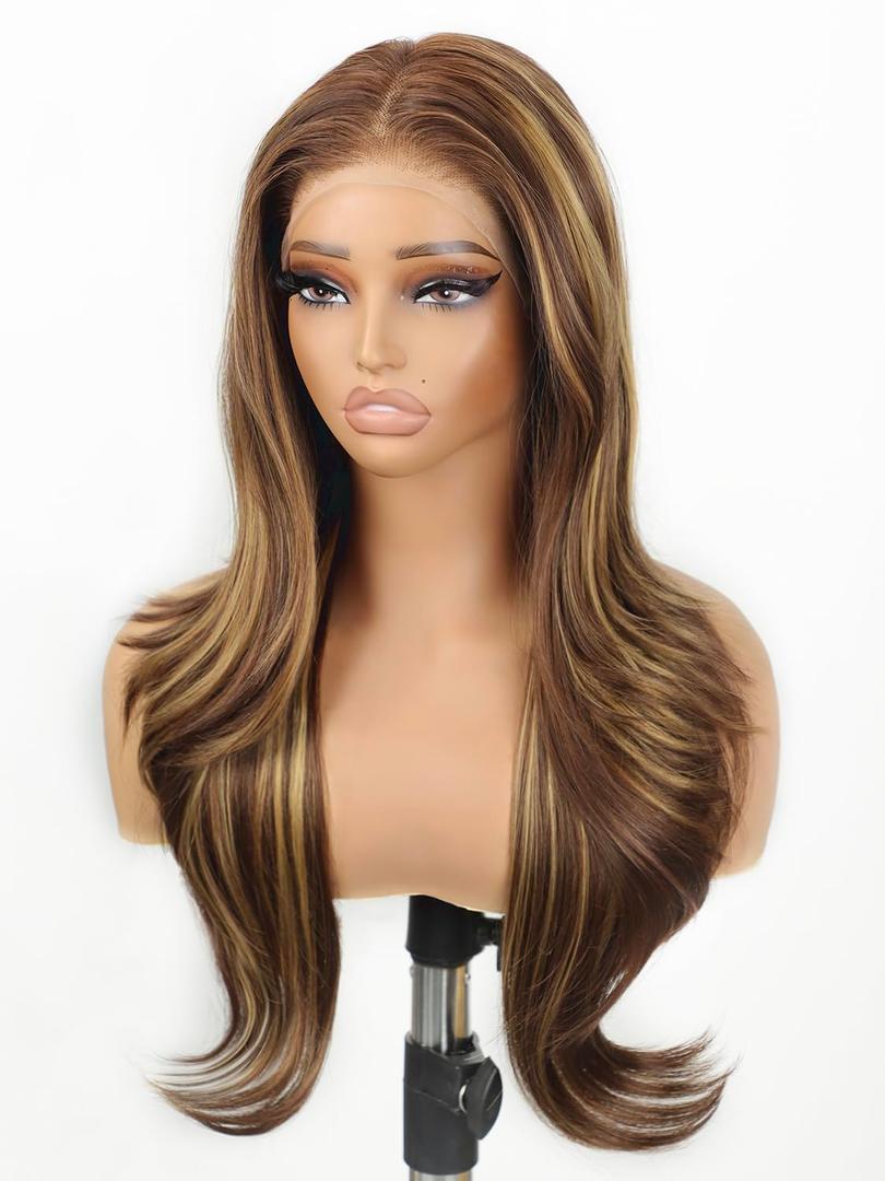 Honey Brown Lace Front Highlight Wig 13x4 HD Glueless Highlight Synthetic Lace Wigs for Beginners Brown Layered Wave Wig for Women 26inch