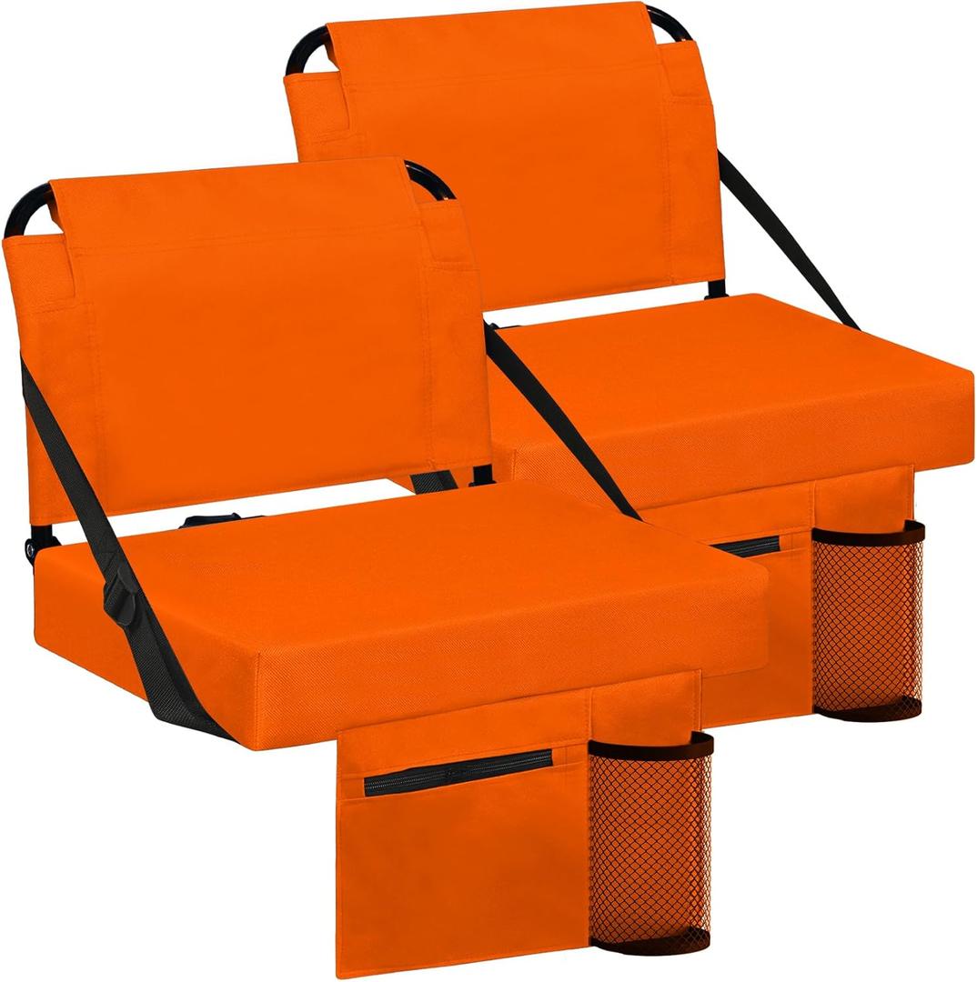 Stadium Seat for Bleachers with Back Support and Wide Padded Cushion Stadium Chair - Includes Shoulder Strap and Cup Holder (Orange,2 Pack)