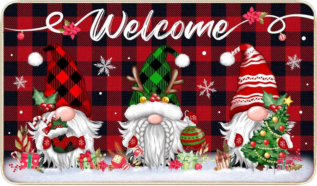 TREWAVE Christmas Welcome Decorative Doormat Christmas Gnome Door Mat Non Slip Rubber Backing Floor Mat Seasonal Winter Holiday Front Porch Rugs for Outdoor Indoor Entrance, 29 x 17 Inch