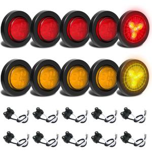 10Pcs 2 inch Round Led Trailer Marker Lights - Led Side Marker Lights with 2 Prong Plug, IP67 Waterproof Clearance Lights for Truck Camper RV, Flush Mount, [DOT Approved], 12V, (5 Red + 5 Amber)