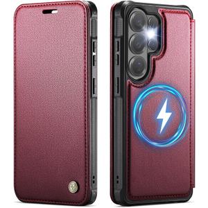 for Samsung Galaxy S26 Ultra Wallet Case Compatible with Magsafe, PU Leather RFID Blocking Card Holder Shockproof Magnetic Women Men Wallet Phone Case Cover for Galaxy S26 Ultra, Wine Red