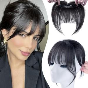 Clip-In Bangs - Real Human Hair, Wispy Bangs Clip-Ons (Nature Black) (1"x5")