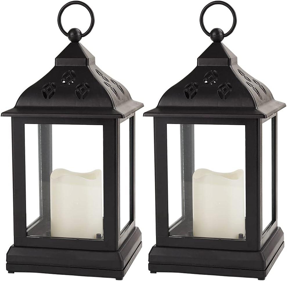 2-Pack 9.5" Vintage Decorative Candle Lantern with LED Flickering Flameless Candle (Black, 8hr Timer) - Indoor Hanging Lanterns Decorative Lanterns Battery Powered LED Candle Timer Candle