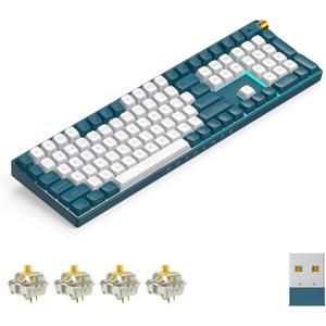 R108 Wireless Mechanical Keyboard, Gateron G Pro 3.0 Yellow Switch, Hot Swappable Wired/Bluetooth/2.4G Wireless Keyboard with RGB Light for Windows & Mac, PBT Keycaps, Whale Blue (109 Keys)