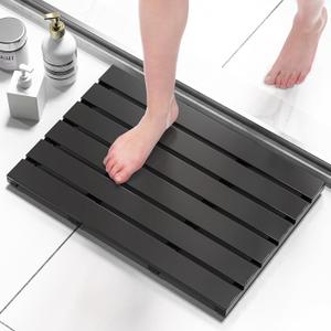 Domax Wooden Bamboo Bath Shower Mat- Non-Slip Waterproof Large Bathroom Floor Mat for Indoor Outdoor (Black, 21.26 x 14.17 x 1.3 Inches), 21.3" x 14.2"