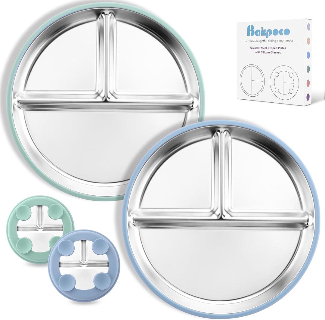 Bakpoco Stainless Steel Toddler Plate with Suction 2Pack, 9 Divided Kids Plates with Silicone Suction for Baby Self Feeding, Non Toxic Non Slip Unbreakable Snack Dishes Dinnerware Set, Blue & Sage, 9" Round