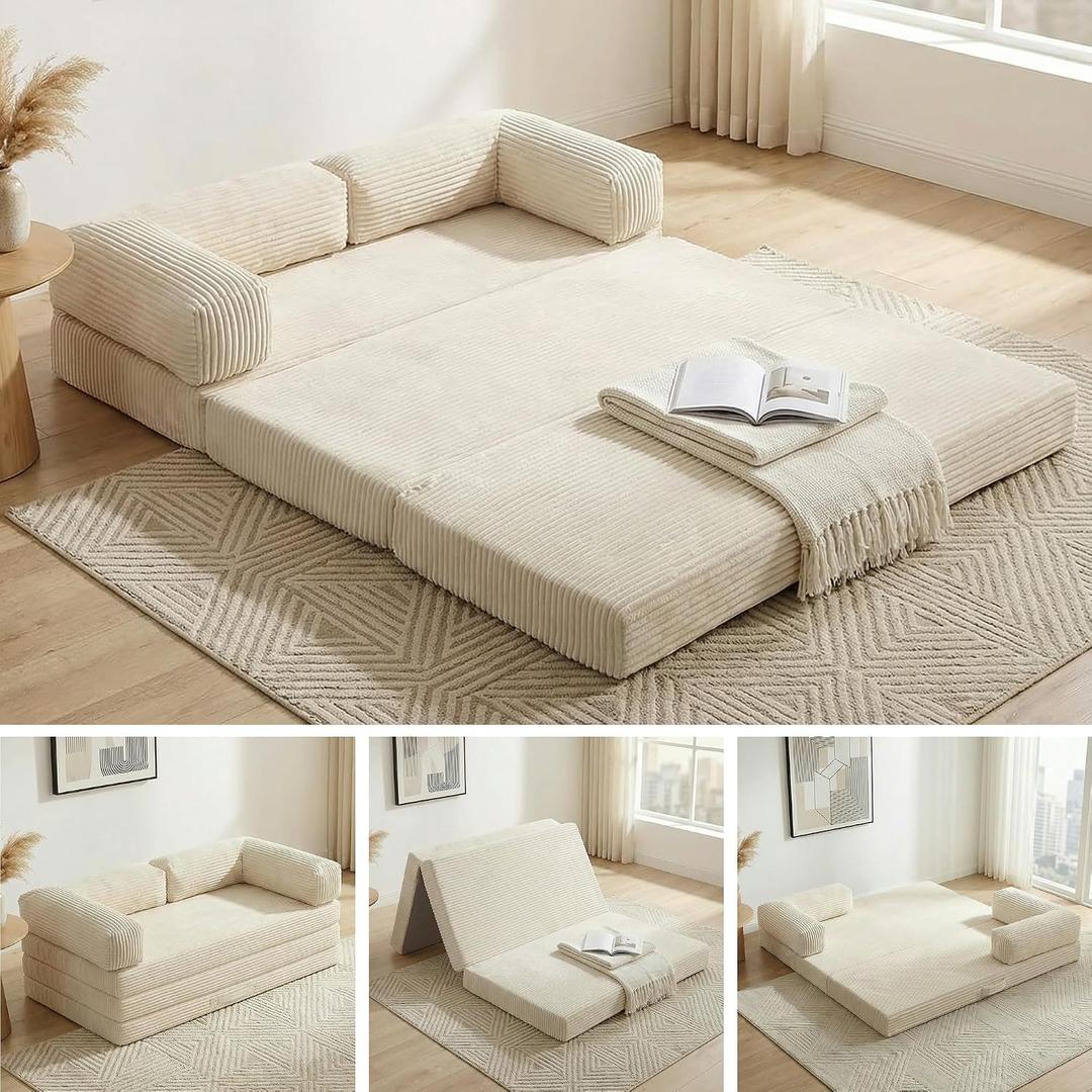 Convertible Sofa Bed 76inch,5-in-1 Folding Boneless Couch Corduroy Futon Sofa Bed,Tri-Fold Mattress with Removable Armrests & Handle,Sleeper with Pull Out Bed for Small Space Living Room Bedroom，beige, King-89"Lx76"W