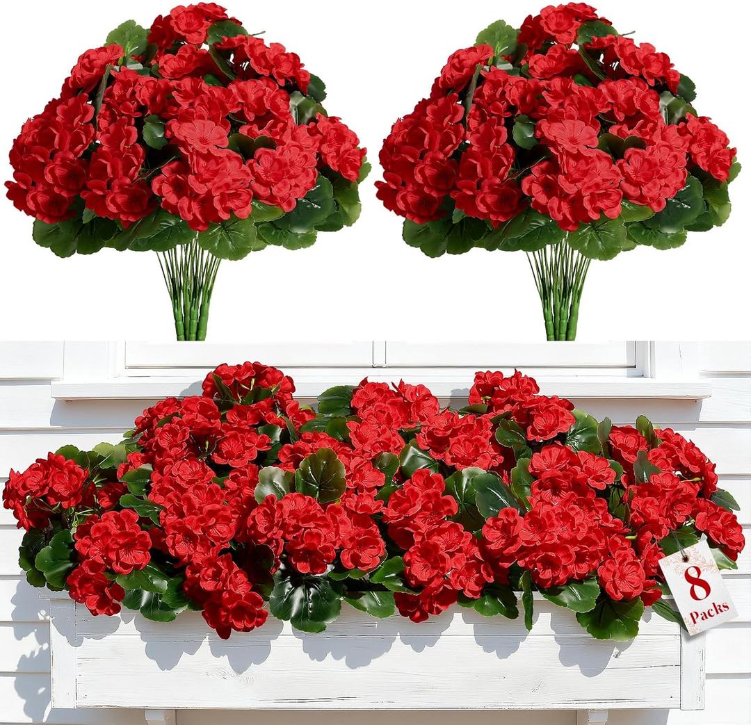 Alupssuc 8Pcs Artificial Geranium Flowers for Outdoors Decoration Silk Floral, UV Resistant Fake Plants, Faux Flower for Porch Garden Table Centerpieces Home Indoor Outside Spring Decor (8, Red)