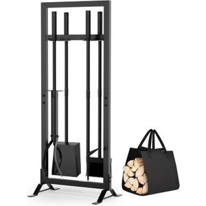 6 Pcs Fireplace Tools Set with Log Carrier, HXJLJY 34" Fireplace Accessories Sturdy Fire Tool Set Holder with Fire Poker Brush Shovel Tong Stand for Indoor Fireplace Outdoor Fire Pit Wood Stove,Square