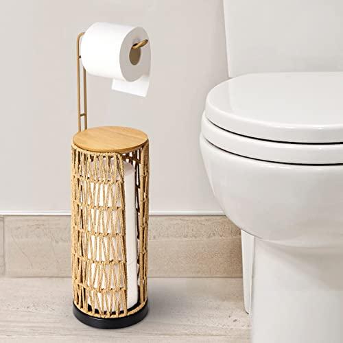 Freestanding Toilet Paper Holder with Storage,3 Rolls of Tissue Holder for Bathroom,Handmade Woven Toilet Paper Roll Holder Stand,Rattan Sturdy Boho Bathroom Decor Farmhouse Toilet Paper Storage