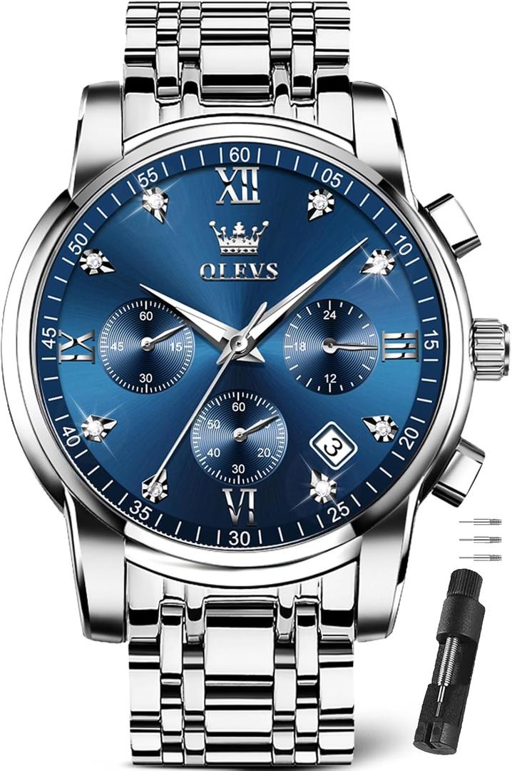 OLEVS Watches for Men with Date Luxury Big Face Waterproof Mens Wristwatch Analog Dress Two Tone Stainless Steel Man Watch Luminous Relojes De Hombre Calendar(Green/Blue/Black Dial
