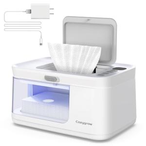 Baby Wipe Warmer Baby Wet Wipes Dispenser, Cozygrow Diaper Wipe Warmer with LED Light & Transparent Viewing Window, Adjustable 95-131, 1.5 Meter Plug Cord