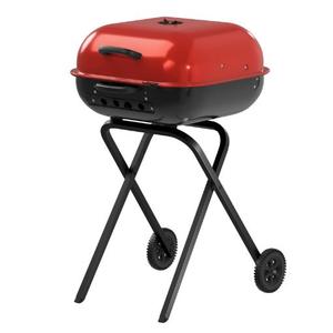 100% Pre-Assembled Portable Steel Charcoal Grill (Red) - Foldable Legs with Wheels for Outdoor Grilling