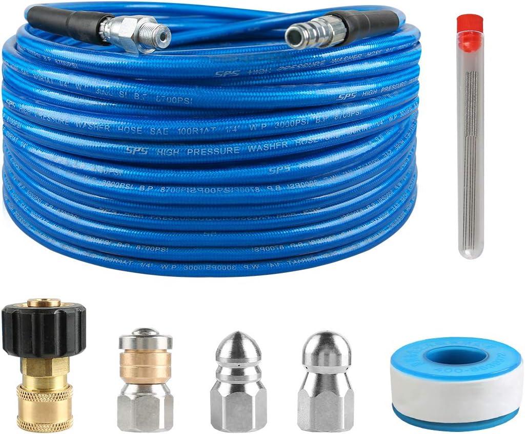 Pressure Washer Sewer Jetter Kit, 50 FT Hydro Drain Jetter Cleaner Hose, Button Nozzle and Rotating Sewer Jetting Nozzle, Orifice 4.0, 4.5, 1/4 inch NPT, 3000 PSI