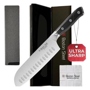 Boston Steel Santoku Knife 7 Inch – Ultra Sharp High Carbon Stainless Steel Kitchen Knife, Professional 7” Santoku Knife with Ergonomic Handle for Home & Restaurant, Culinary Cooking Knife