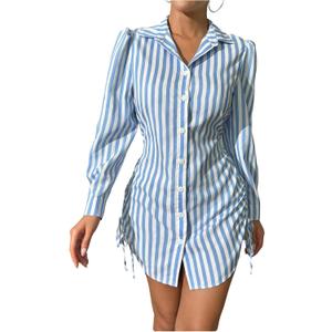 WDIRARA Women's Striped Button Down Drawstring Side Dress Long Sleeve Collared Smocked Shirt Dresses (Blue, M)