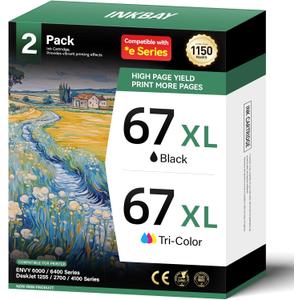 67XL Ink Cartridges Combo Pack Replacement for HP Printers Ink 67 67XL Cartridge DeskJet 2700e 2755 2755e 2855e 4155e 4100 4255e Envy 6055e 6000 6055 6400 6455e 6455 Pro 6458 6475 1255 Black Tri-Color