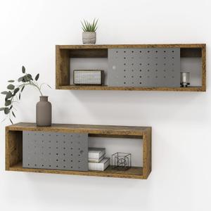 Sonefreiy 24in Floating Cabinet Set of 2, Rustic Wood Floating TV Stand Cube Shelves Wall Mounted Storage Long Shelf with Slide Metal Doors for Living Room Kitchen Bathroom, Dark Brown