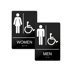 Men's + Women's Room Restroom Signs with Braille, ADA Compliant Restroom Signs, Self Adhesive ABS Plastic Restroom Sign for Business 9" x 6"