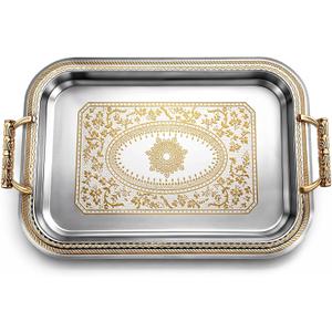 Rtteri 1 Pcs Gold Serving Trays with Handles Rectangle Stainless Steel Metal Plate 16.1" x 11.4" mirror Tray for Cake Cookies Snacks Desserts Fruit Ottoman Coffee Table Room Whiskey Table Decor