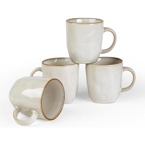 famiware Coffee Mugs Set of 4, Ocean Square 13oz Coffee Cup Set with Handle for Cocoa, Milk, Hot Chocolate, Stoneware Cups for Kitchen, Reactive Glaze, Microwave and Dishwasher Safe, Cappuccino White