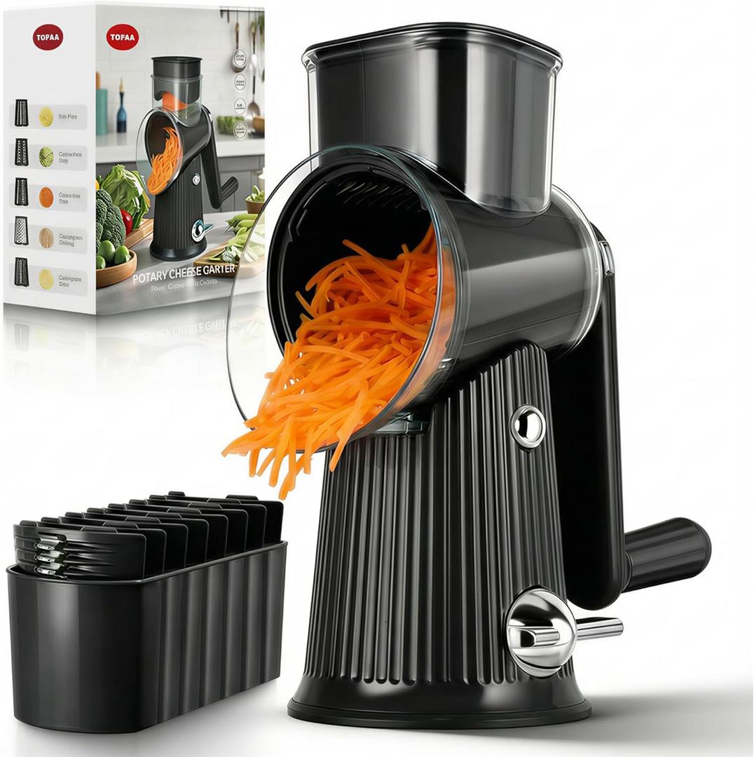 Rotary Cheese Grater with Handle - Vegetable Shredder with 5 Blades & Strong Suction Base, Round Slicer & Food Chopper for Kitchen (Black)