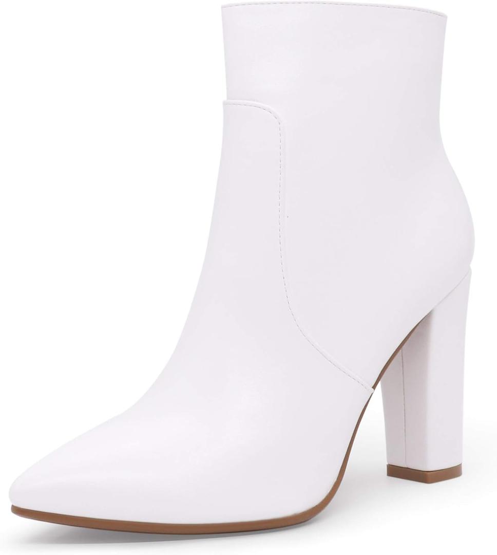 IDIFU Women's Fashion Ankle Boots Comfy Pointed Toe High Heels Side Zipper Booties (7.5, C White Pu)