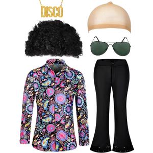 Mepase 6 Pcs Men 70s Disco Costumes Include Retro Shirt Bell Bottom Pants Wig Sunglasses Necklace Wig Cap for Disco Party (Large)