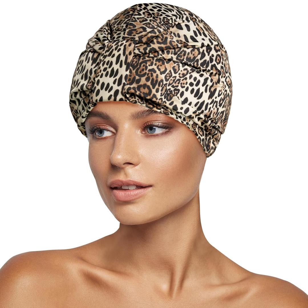 INNELO Luxury Shower Cap for Women Reusable Waterproof, Double Layered Shower Hair Cap with Adjustable Elastic Strap, Large Satin Lined Shower Bath Cap for Long Curly Straight Hair, Leopard