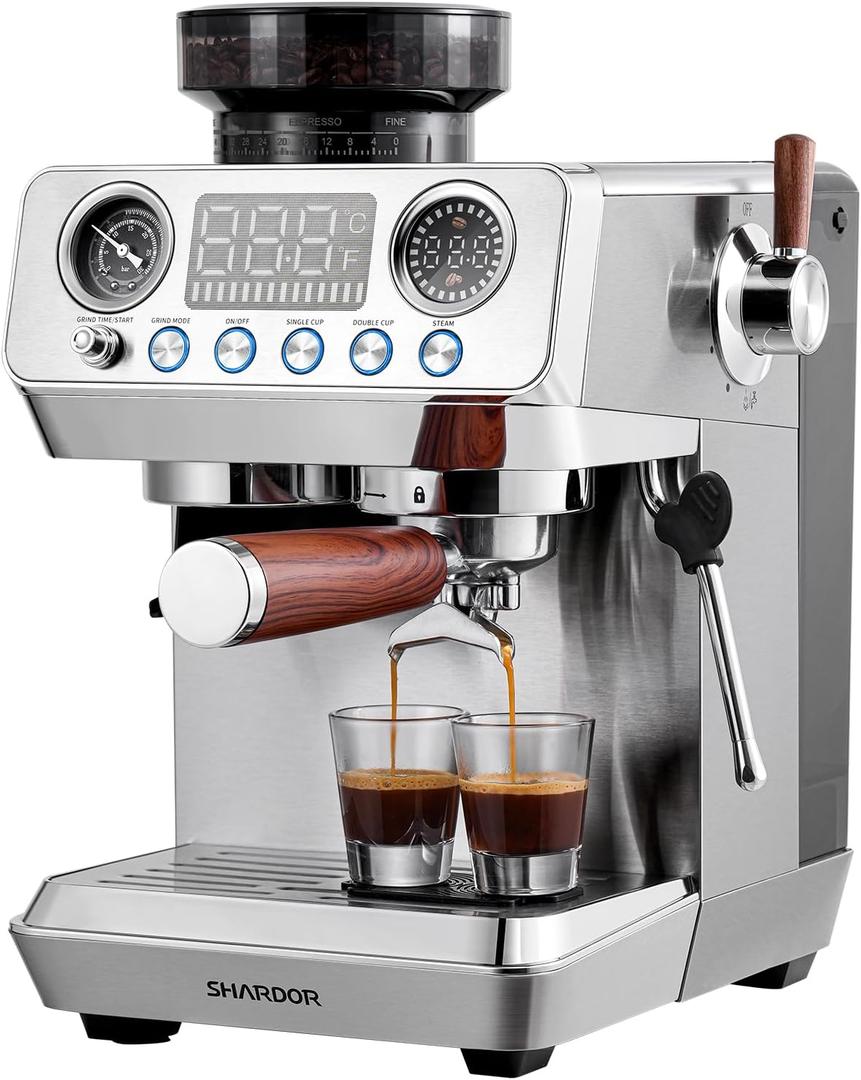 SHARDOR 20 Bar Espresso Machine with Grinder, Expresso Coffee Machines with Professional Steam Wand, 52mm Portafilter, 45 Precise Grind Settings, Stainless Steel All-in-One Coffee Maker for Home Use