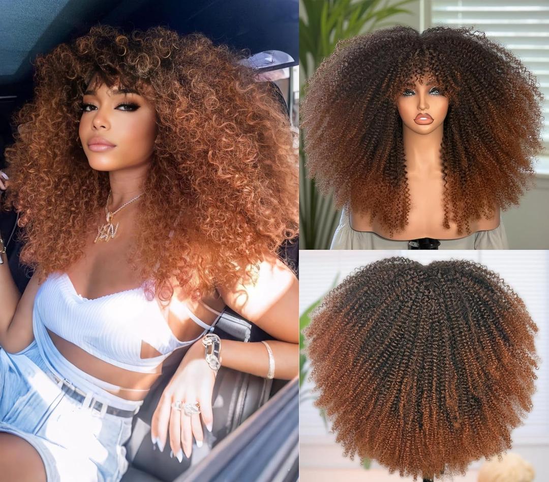 Afro Kinky Curly Wig for Black Women 18 Inch Afro Bomb Curly Wig With Bang Heat Resistant Puffy and Fluffy Bouncy Curly Synthetic Hair for Halloween Party and Daily Use, Ombre Black to Brown