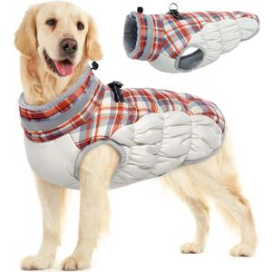 FUAMEY Dog Coat for Large Dogs,Waterproof Dog Winter Jacket with Harness Built in Puppy Cold Weather Coats Reflective Pet Vest with Zipper Warm Fleece Dogs Snowsuit Windproof Red Plaid L (L(chest:24in))