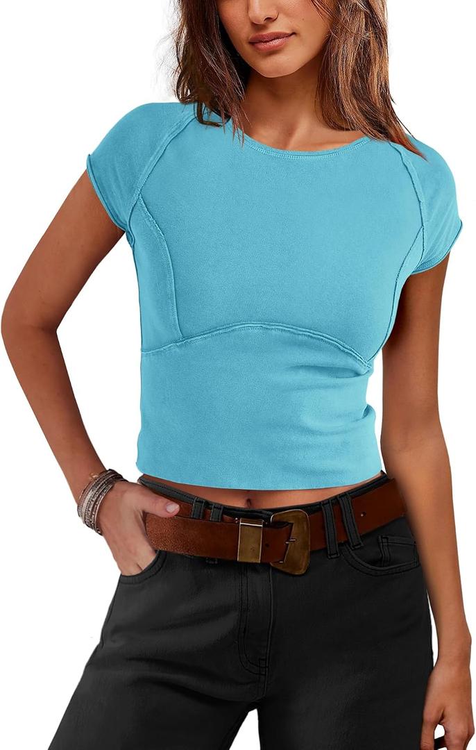 SENSERISE Womens Crop Tops Cap Sleeve Fitted Shirts Casual Baby Tees Y2k Clothes Summer Outfits (Blue, M)