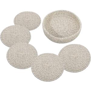 5 Set of Round Woven Cotton-Polyester Placemats, Heat Resistant Anti Slip Durable Mats for Dining Kitchen Table, Beige
