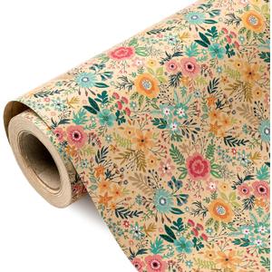 WRAPAHOLIC 30 Inch Kraft Floral Wrapping Paper Roll - 30 Inch x 33 Feet - Spring Summer Garden Flower Design Perfect for Wedding, Bridal Shower, Birthday