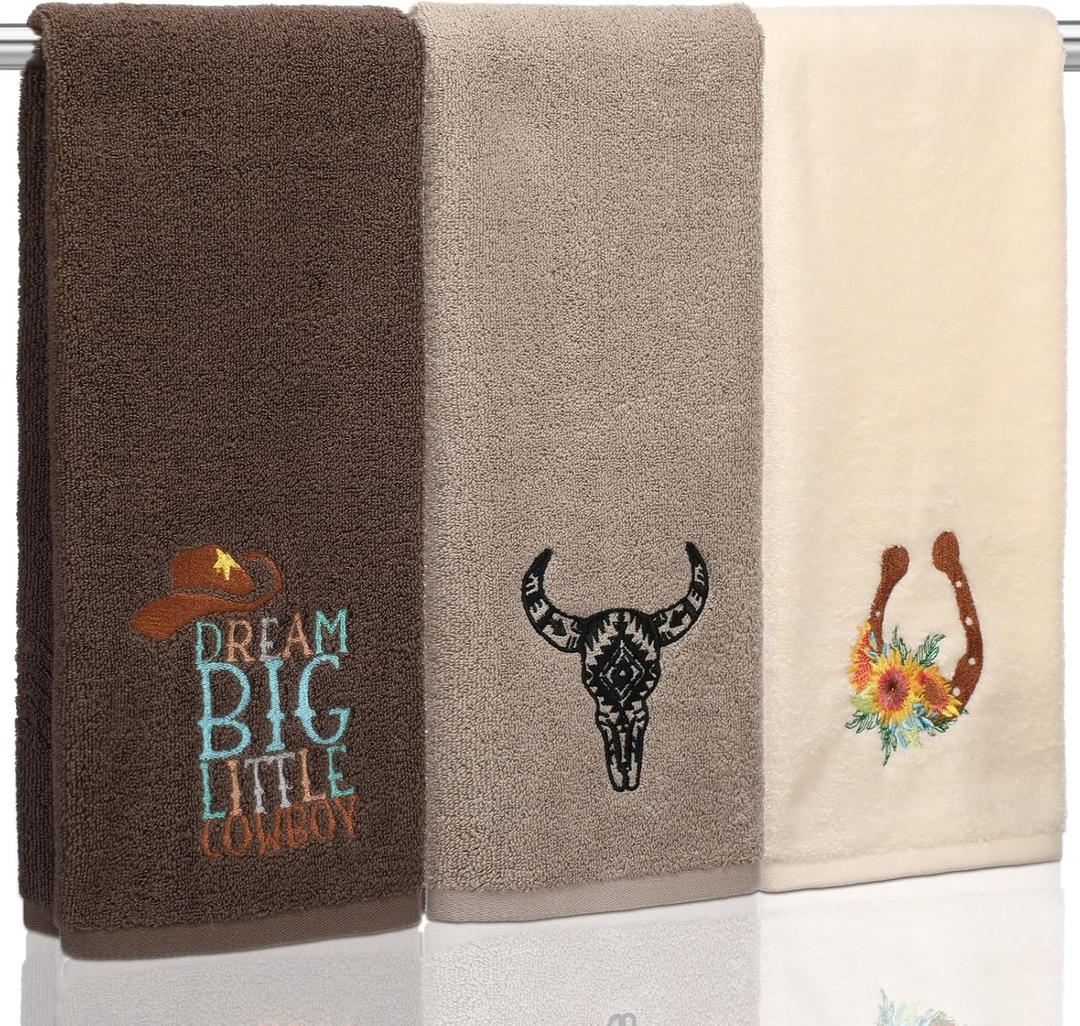 3 Western Cowboy Hand Towels 14 x 29 Inch Cotton Embroidered Cow Bull Skull Hat Horseshoe Bathroom Hand Towels Farmhouse Cowboy Theme Decorative Washcloth for Kitchen Vintage Decor (Caramel Brown, Khaki, Cream Beige)