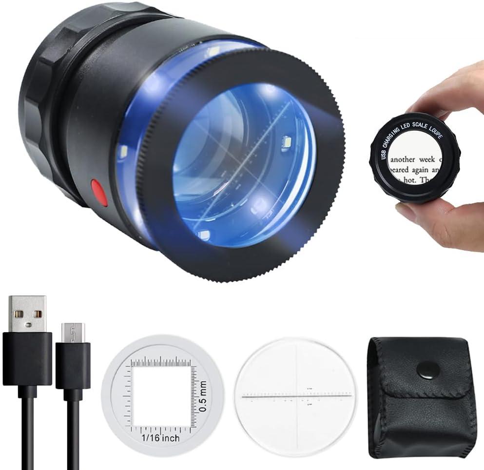 30X Loupe Magnifier, Jewelry Loupe Magnifier with LED Light and Scale, USB Rechargeable Adjustable Focal Length Magnifier 30X Magnifying Glass for Gems, Coins, Stamps