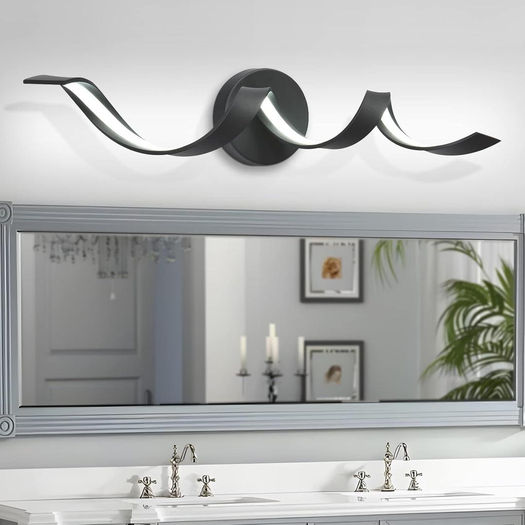 HUOKU Modern LED Bathroom Vanity Lights, 24inch Dimmable Black Bathroom Lighting Fixture Over Mirror 15W Spiral Design LED Wall Light Fixtures 6000K