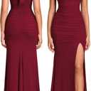 Women Bodycon Maxi Dress High Slit Halter Tie Ruched Long Formal Cocktail Wedding Guest Dresses (Red, M)
