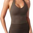 YEOREO Women's Halter Crop Top V Neck Workout Going Out Tank Top Padded Sleeveless Backless Trendy Summer Camisole (Medium, Coffee)