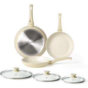 Granite Nonstick Cookware Set - 3 Pcs Induction Skillets, Egg & Omelette Frying Pans with Lids, Healthy, No Toxic, PFOA Free (Cream White-8Inch+9.5Inch+11Inch With Lid)