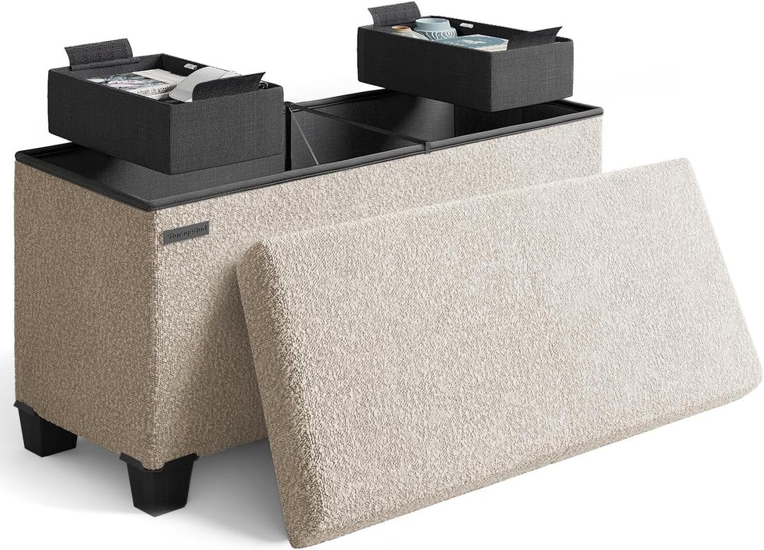 STORAGEBUD Storage Ottoman Bench, 30 Inch Storage Bench for Bedroom End of Bed, Foldable Large Ottoman Foot Rest, Entryway Bench with Storage, Boucle Storage Chest Max 660lbs, Beige